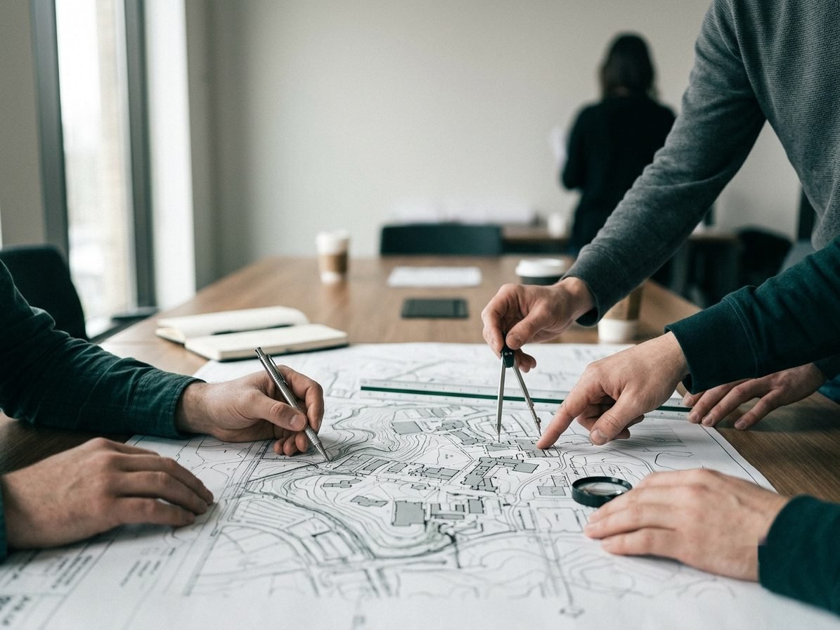 Manos trabajando sobre un plano impreso de gran formato, con compás y lápiz.