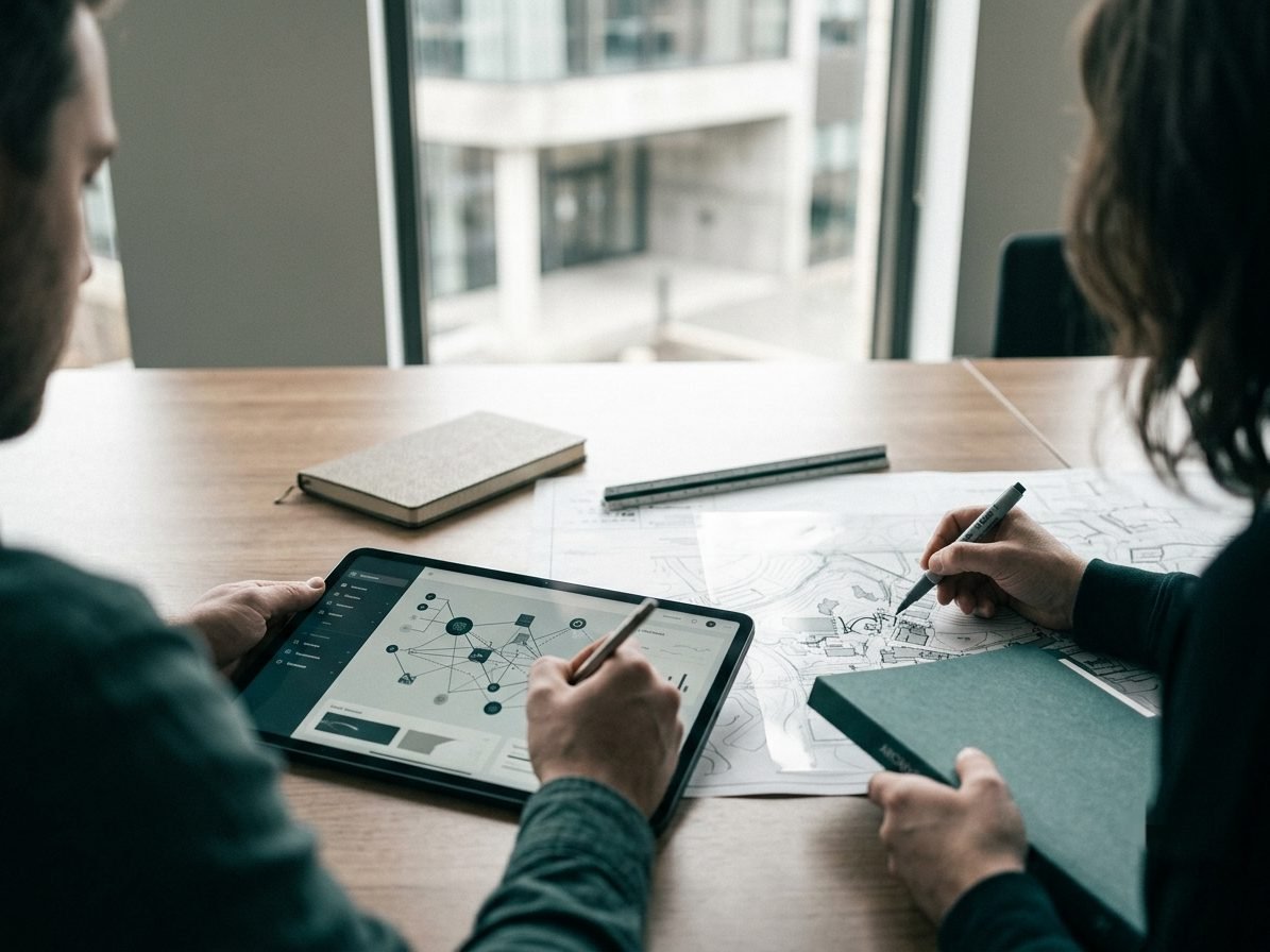 Dos personas revisan un tablero de indicadores en una tableta junto a documentos impresos.
